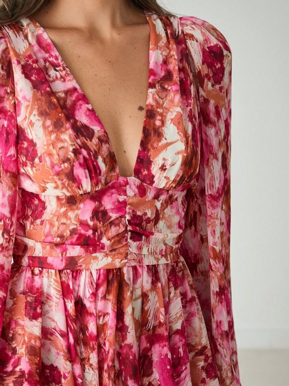 Hot Pink Boho Women's V-Neck Long Sleeve Floral Allover Print Short Casual Dress - Picture 10 of 10